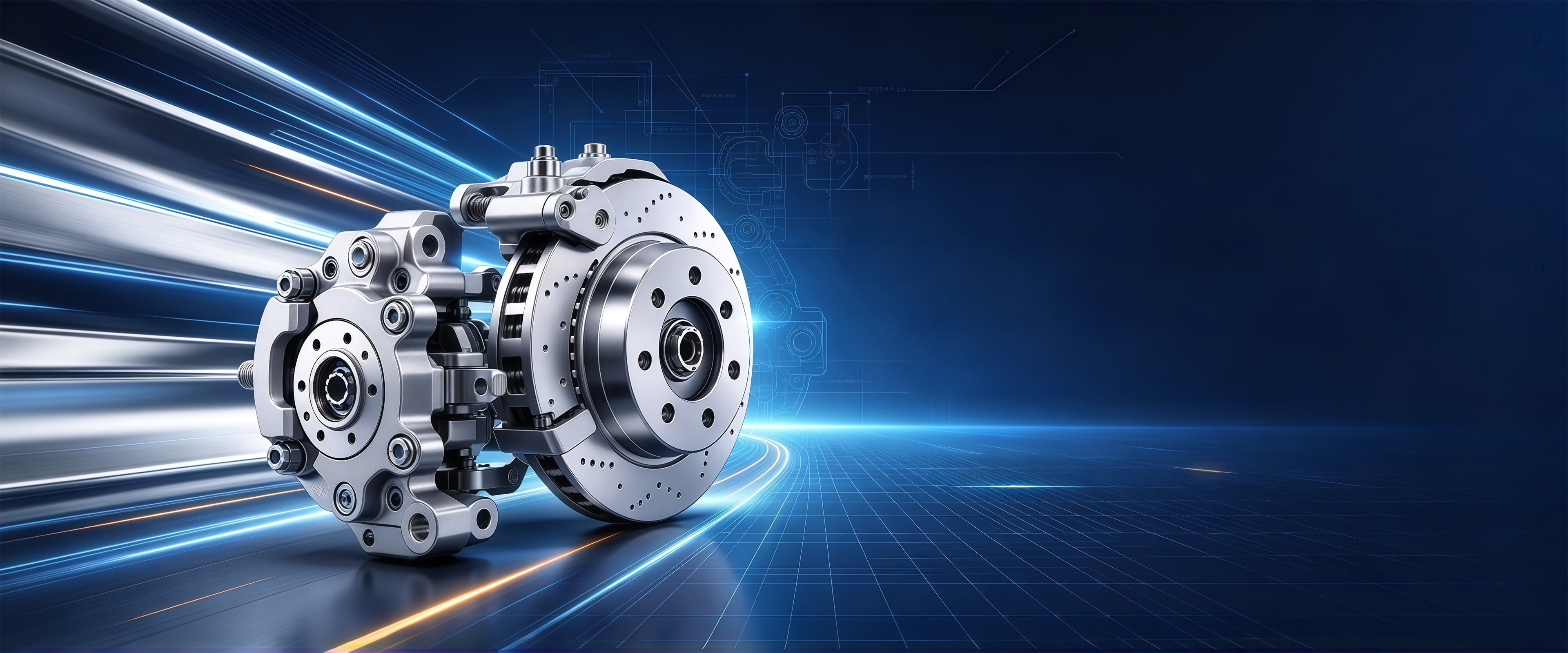 Concept illustration of a disc brake caliper and drilled rotor with light streaks on a blue background. This is not a WUJIE wheel cylinder.