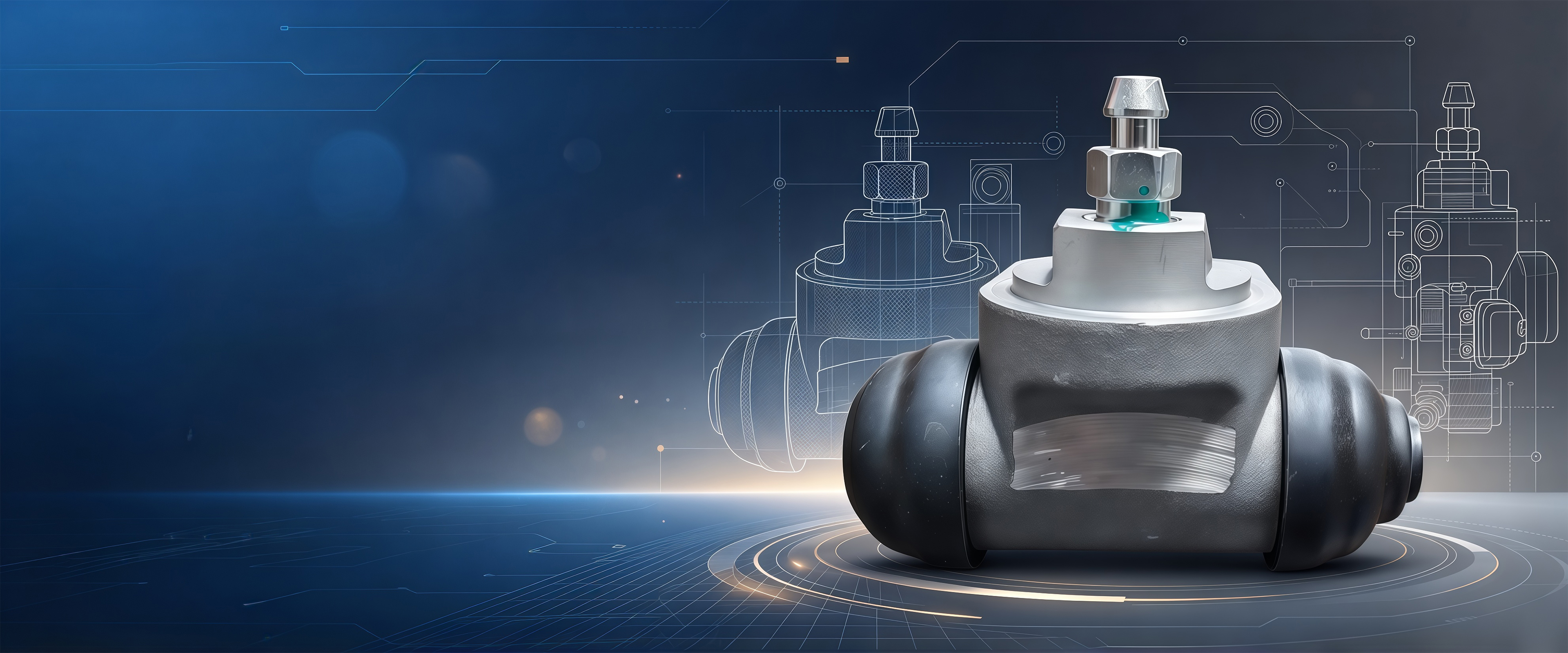 A wheel cylinder in front of technical line drawings of the same part on a blue background