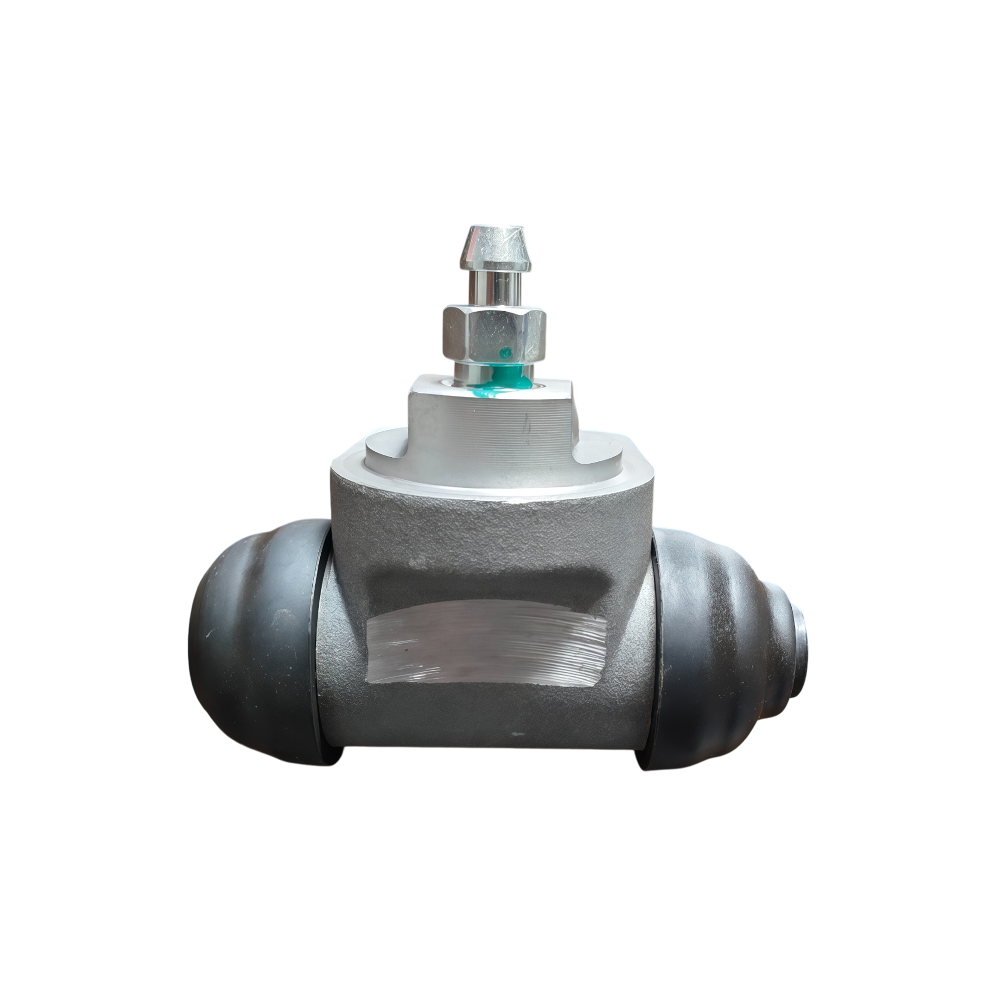 Drum brake wheel cylinder on a white background: cast housing with a machined window, black rubber boots and a bleeder screw with a green mark