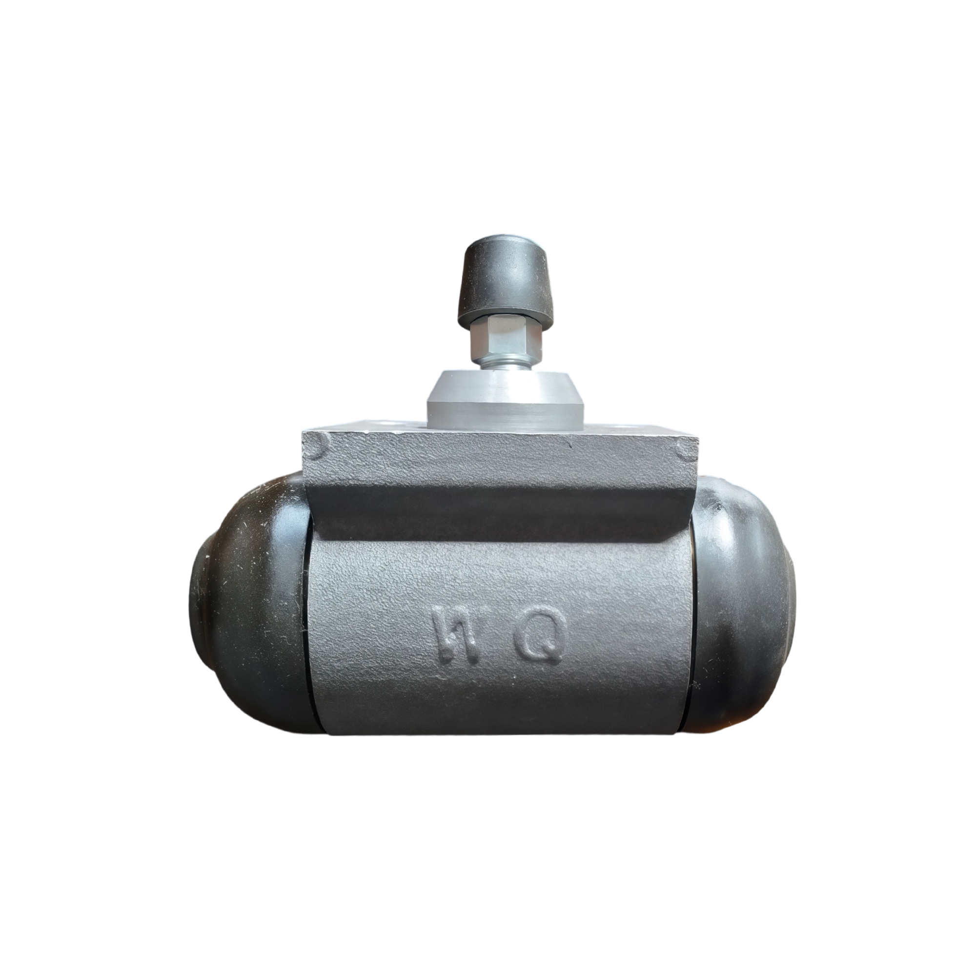Drum brake wheel cylinder on a white background: cast housing with a raised marking, black rubber boots and a rubber-capped fitting on top
