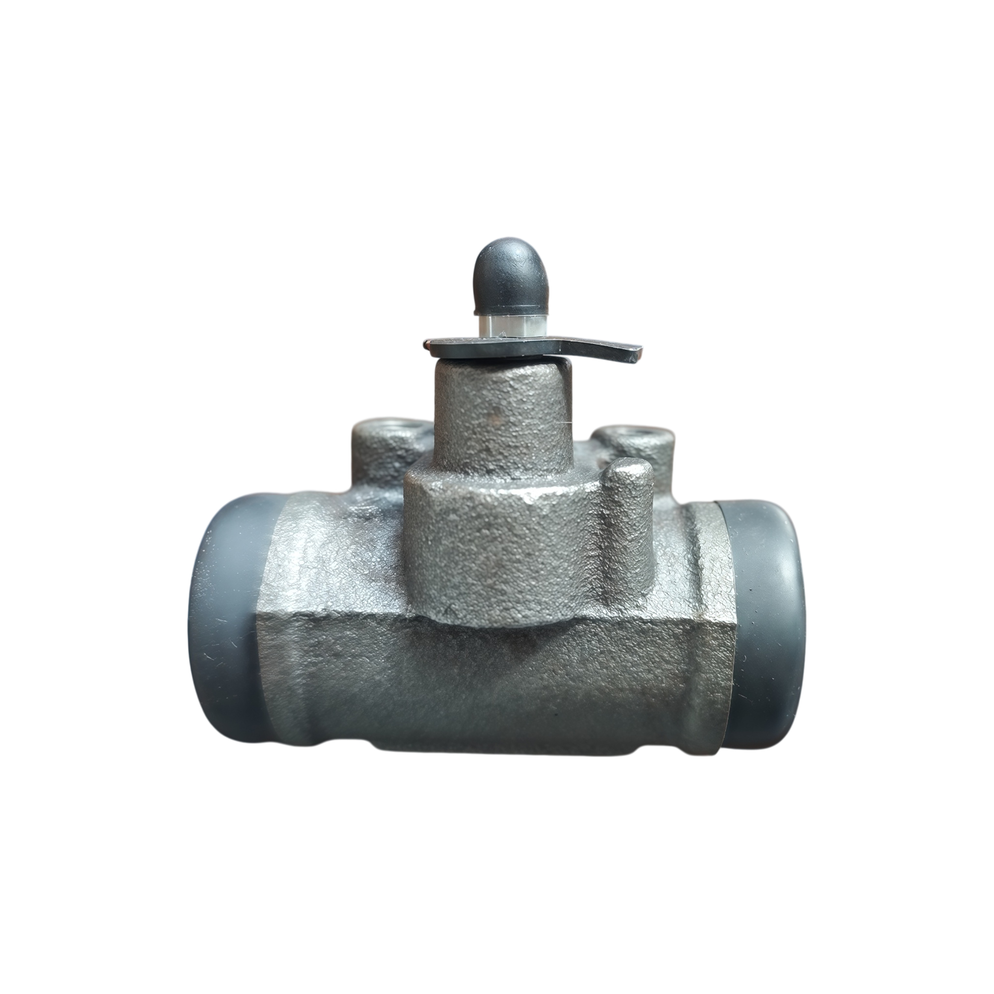 Drum brake wheel cylinder on a white background: rough cast housing, rubber boots, a rubber cap and a flat metal tab on top